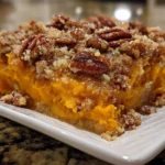 Delicious Sweet Potato Crunch Casserole topped with crunchy pecans