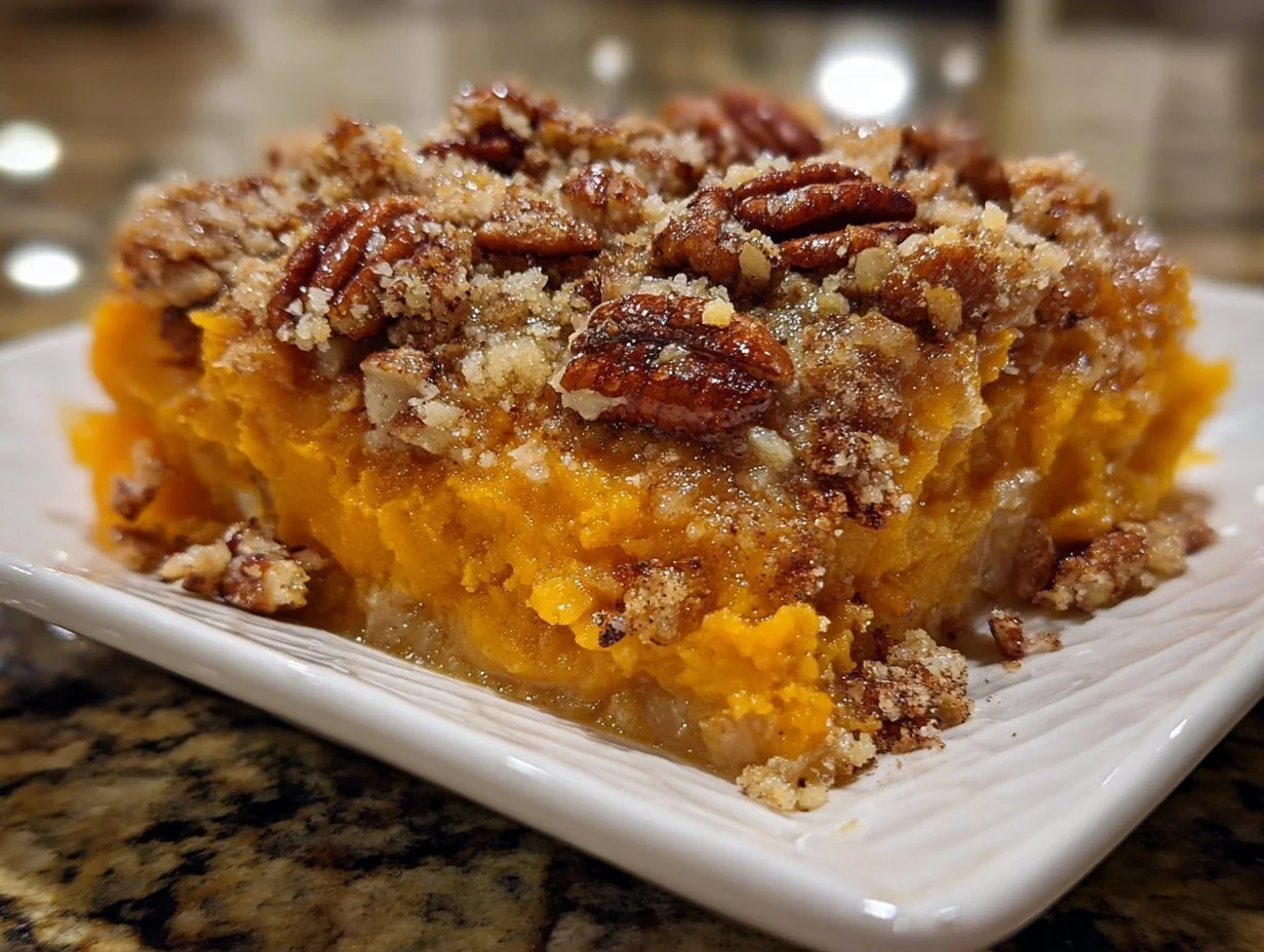 Delicious Sweet Potato Crunch Casserole topped with crunchy pecans