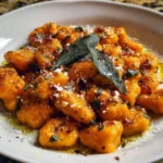 Plate of homemade sweet potato gnocchi with sauce and herbs
