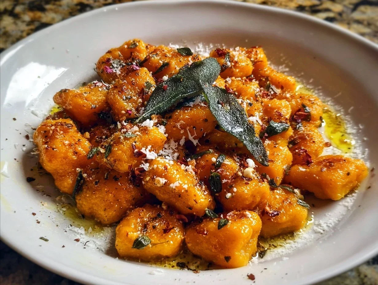 Plate of homemade sweet potato gnocchi with sauce and herbs