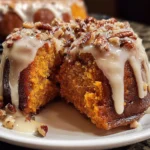 Delicious Sweet Potato Honeybun Cake topped with pecans on a dessert plate.