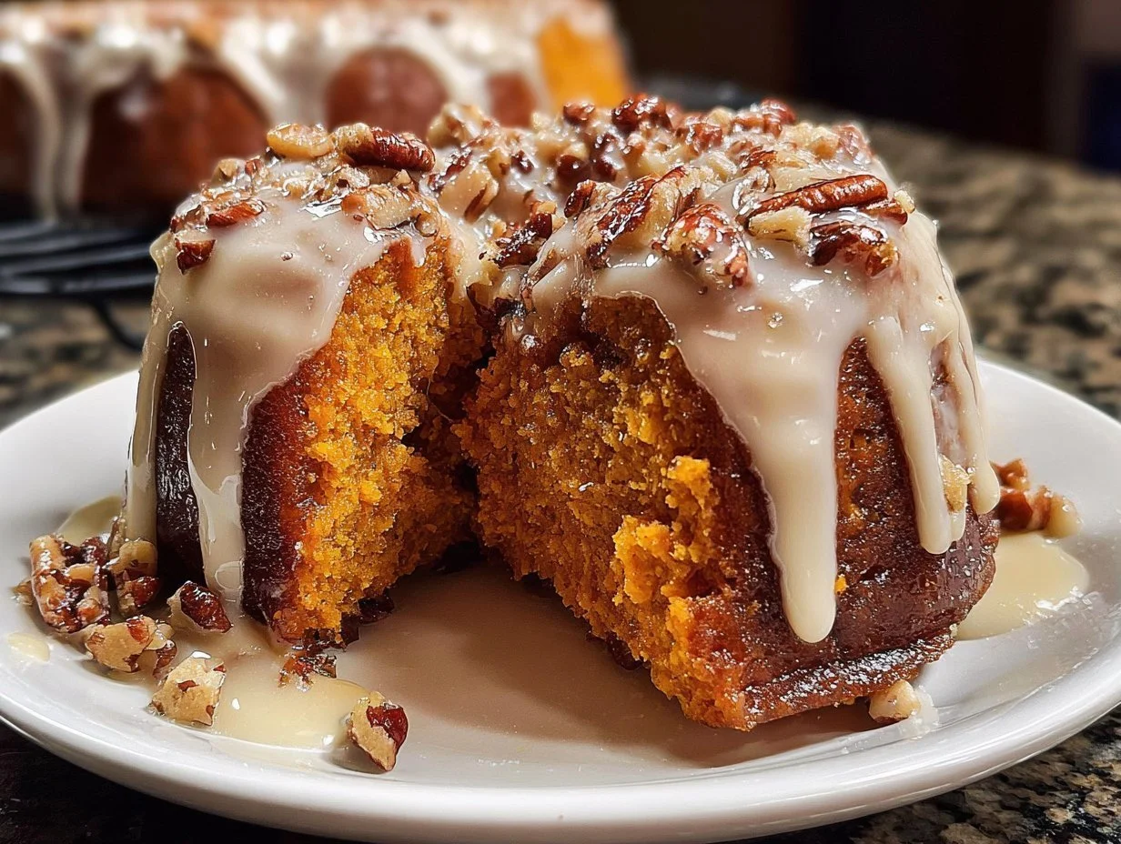 Delicious Sweet Potato Honeybun Cake topped with pecans on a dessert plate.