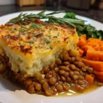 Delicious Sweet Potato & Lentil Shepherd's Pie topped with golden mash