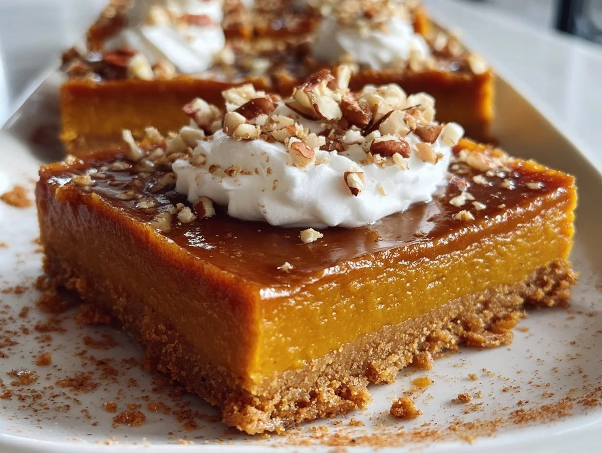 Delicious sweet potato pie bars garnished with whipped cream and pecans