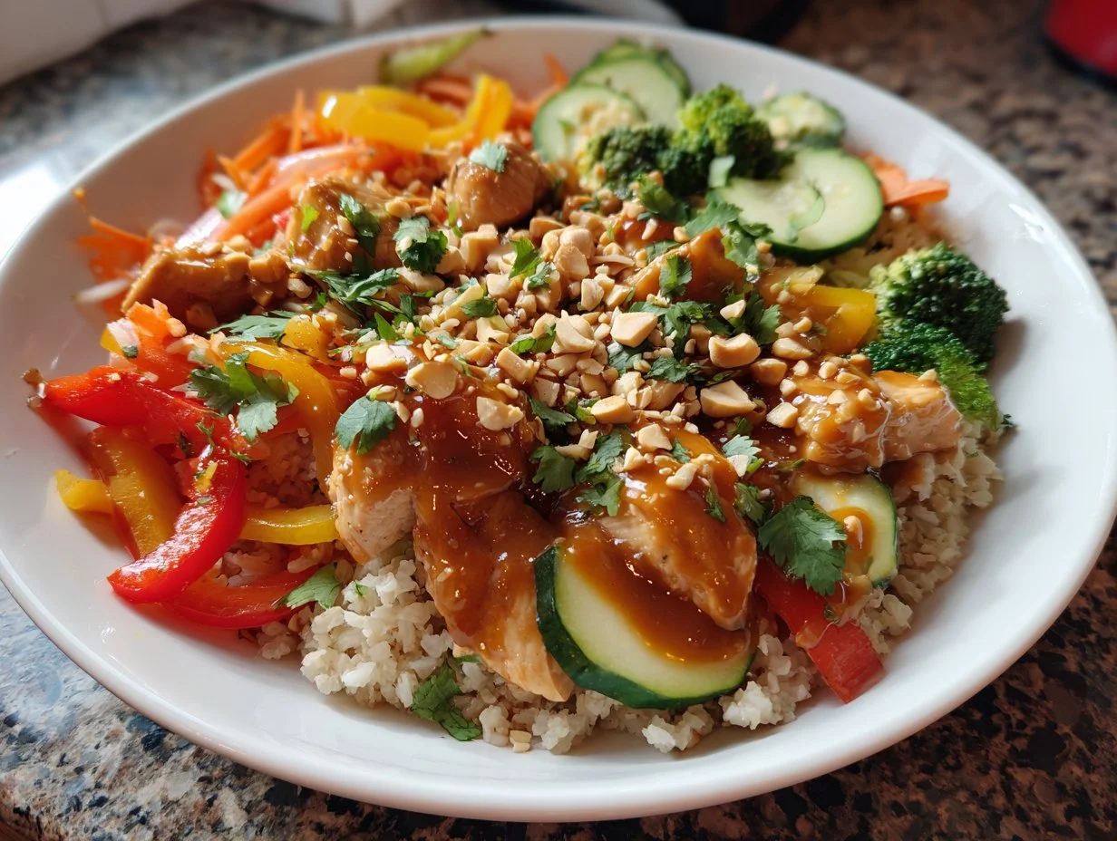 Colorful Thai Peanut Chicken Buddha Bowl with fresh vegetables and peanut sauce