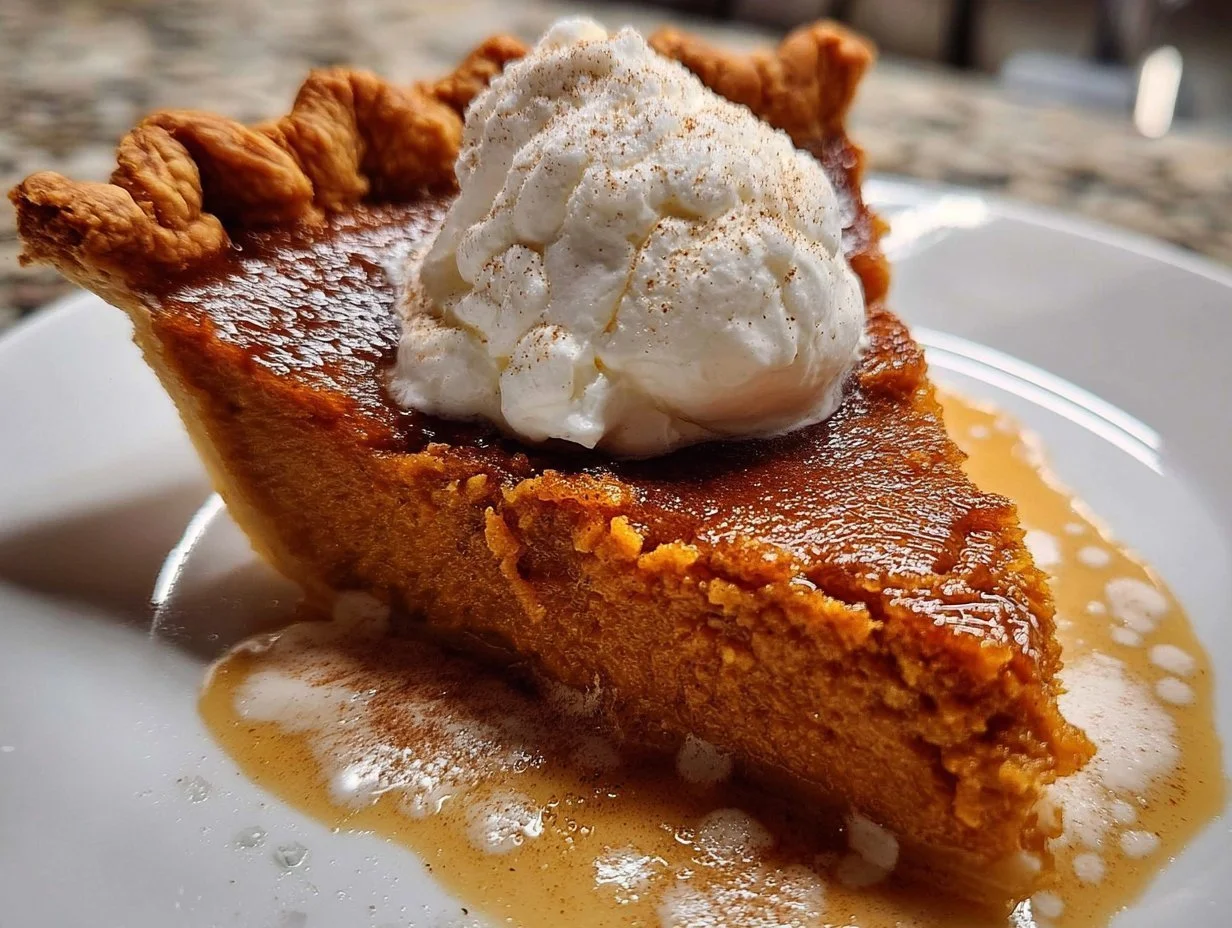 Delicious brown sugar sweet potato pie topped with whipped cream and spices