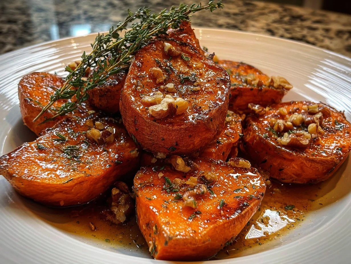 Delicious walnut maple roasted sweet potatoes served in a bowl