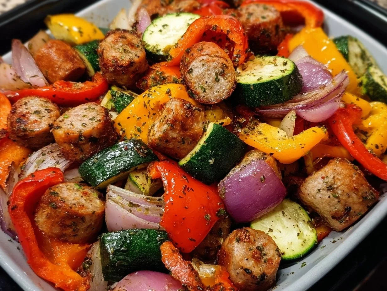 10 Minute Air Fryer Chicken Sausage and Veggies dish