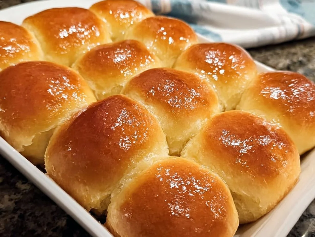 Freshly baked 30-minute dinner rolls on a rustic wooden table.