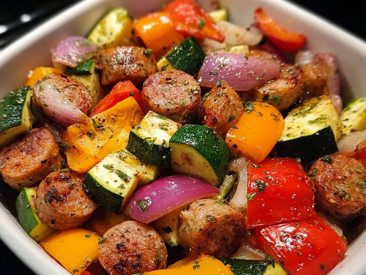 10 Minute Air Fryer Chicken Sausage and Veggies