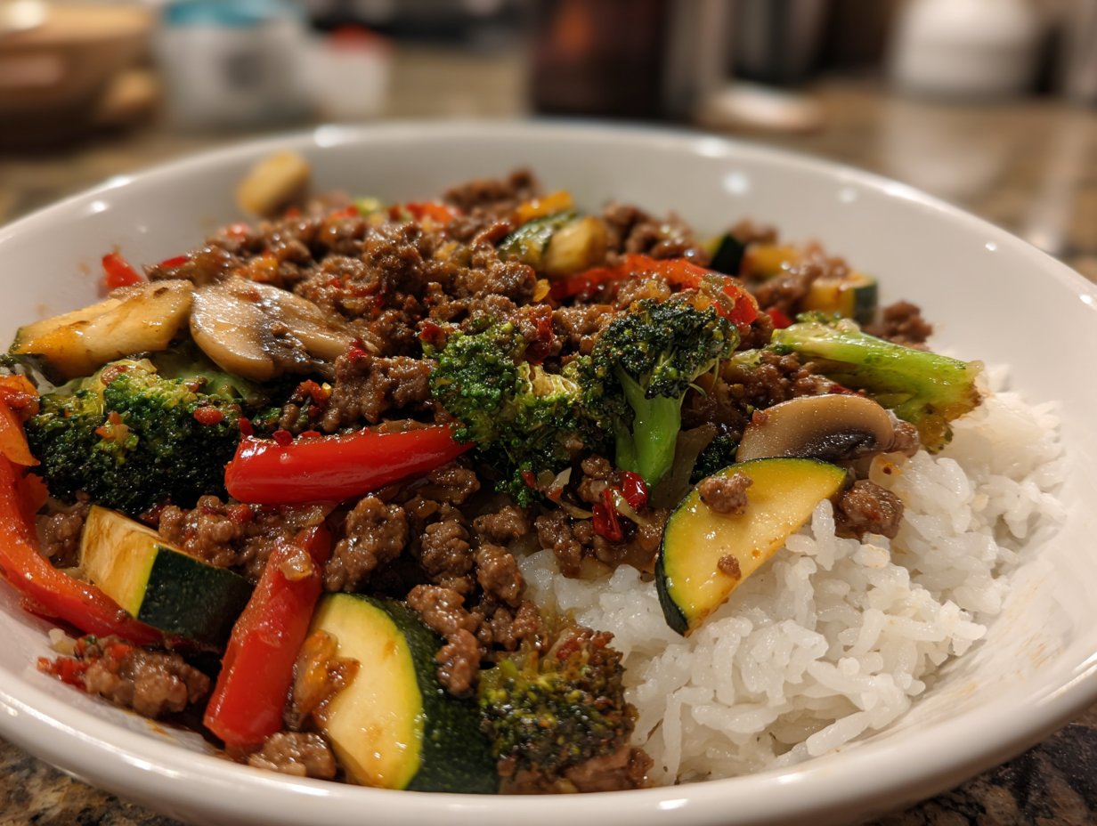 Spicy Ground Beef Stir-Fry Bowl with Garlic Veggies & Steamy Rice