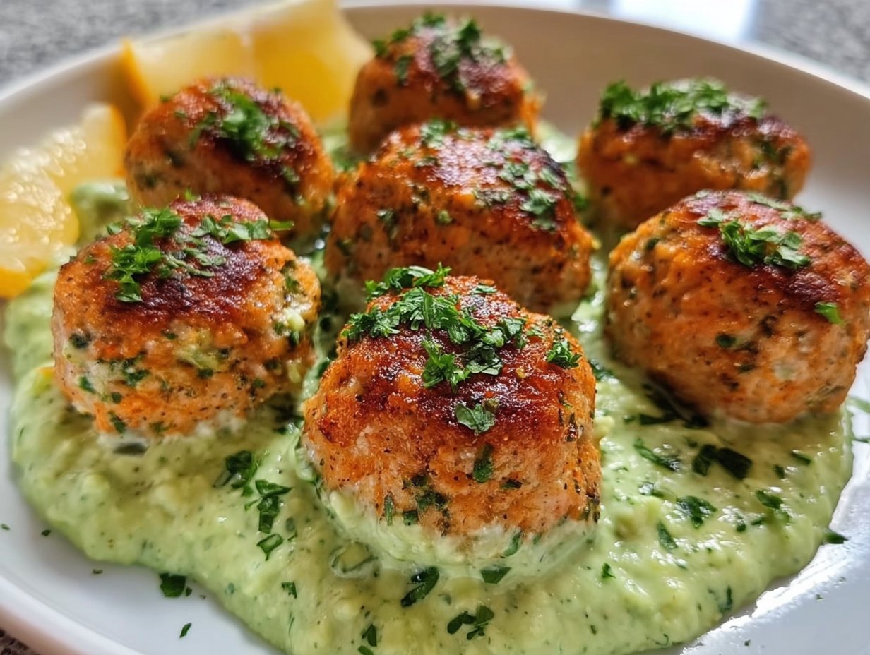 Baked Salmon Meatballs with Avocado Sauce