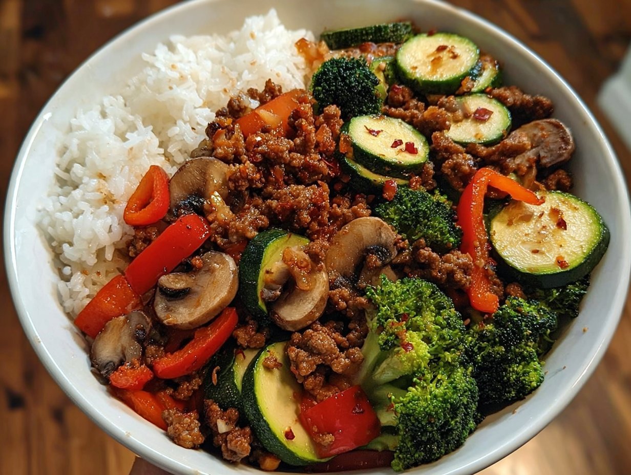 Spicy Ground Beef Stir-Fry Bowl with Garlic Veggies & Steamy Rice
