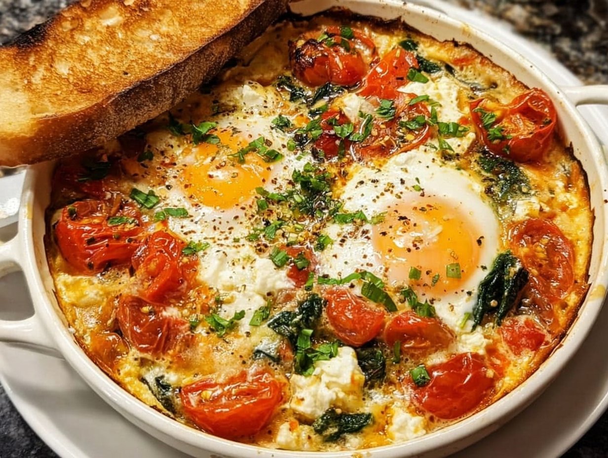 Baked Feta Eggs with Tomatoes and Spinach