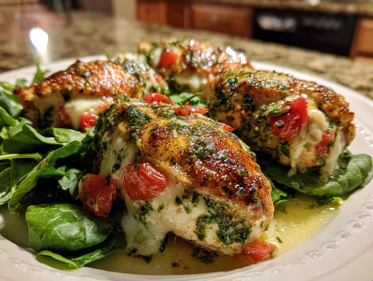 Pesto Mozzarella and Tomato Stuffed Chicken Breasts