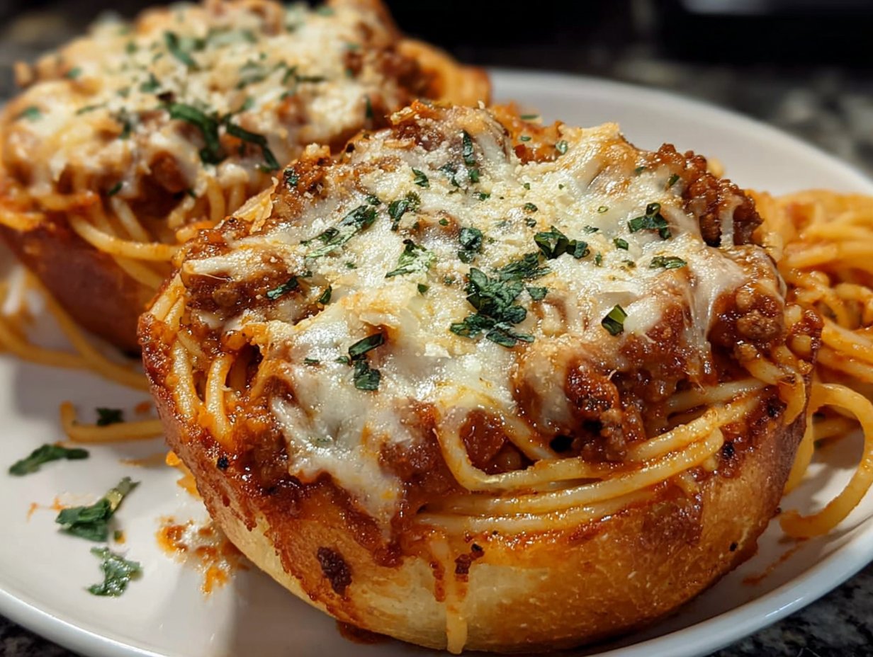 Spaghetti Garlic Bread Bowls