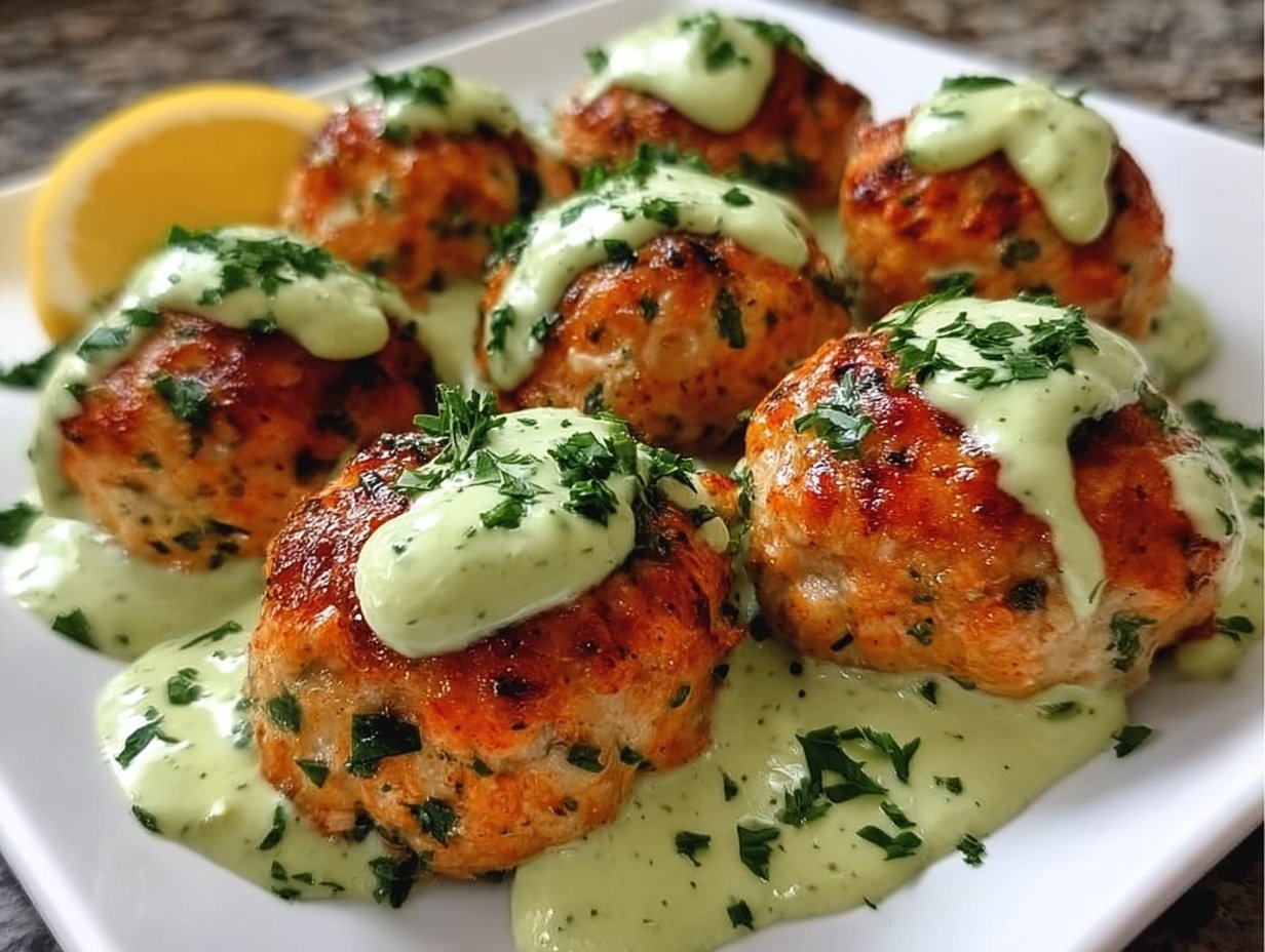 Baked Salmon Meatballs with Avocado Sauce