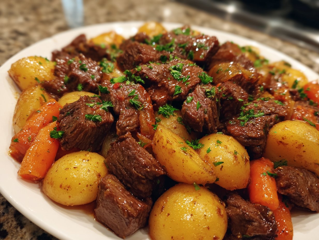 Crockpot Garlic Butter Beef Bites with Potatoes