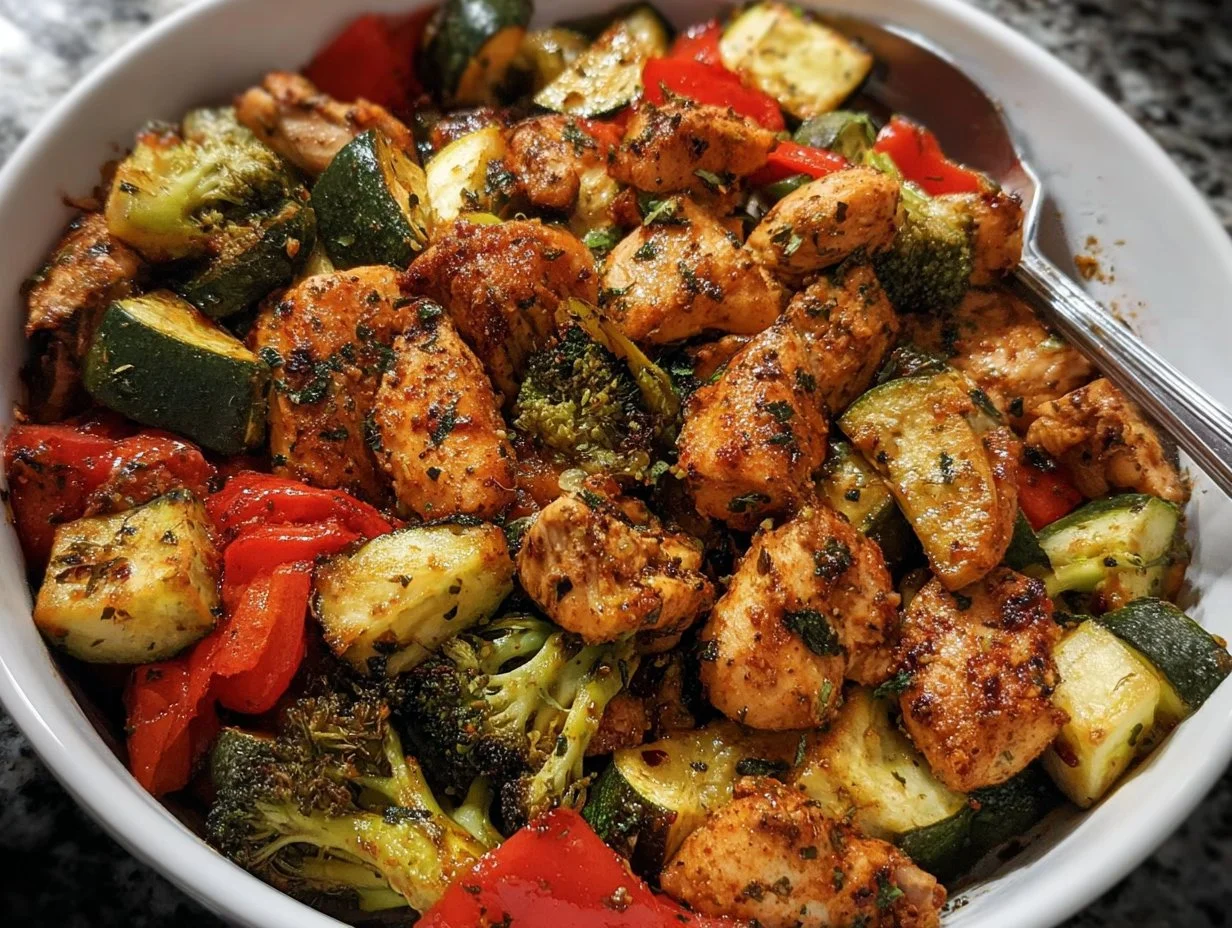 Air fryer chicken breasts and vegetables ready to serve