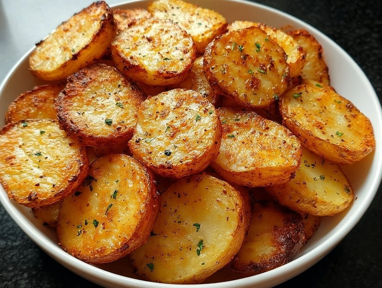 Crispy air fryer sliced potatoes served in a bowl