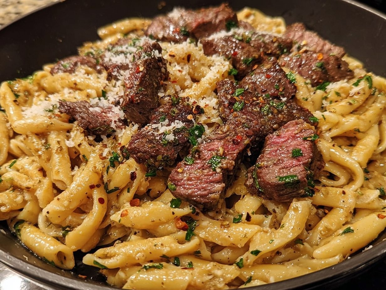 Spicy Garlic Butter Parmesan Steak Pasta