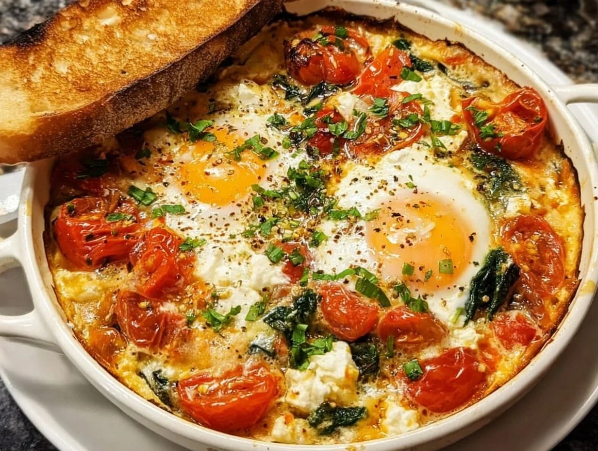 Baked feta eggs topped with tomatoes and spinach in a ceramic dish