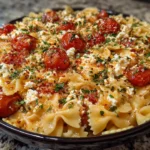 Baked feta pasta with cherry tomatoes and pasta in a ceramic dish
