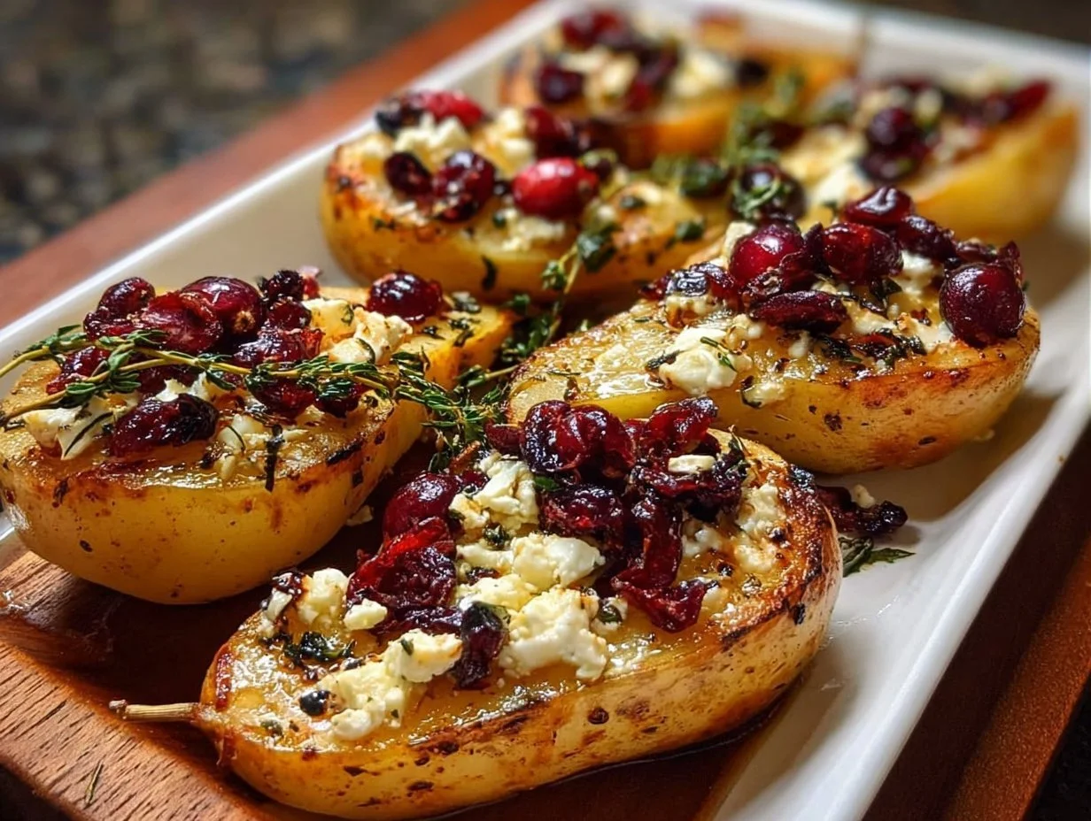 Delicious baked pears topped with feta cheese, honey, and cranberries.