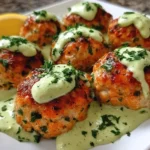 Baked salmon meatballs served with creamy avocado sauce on a plate