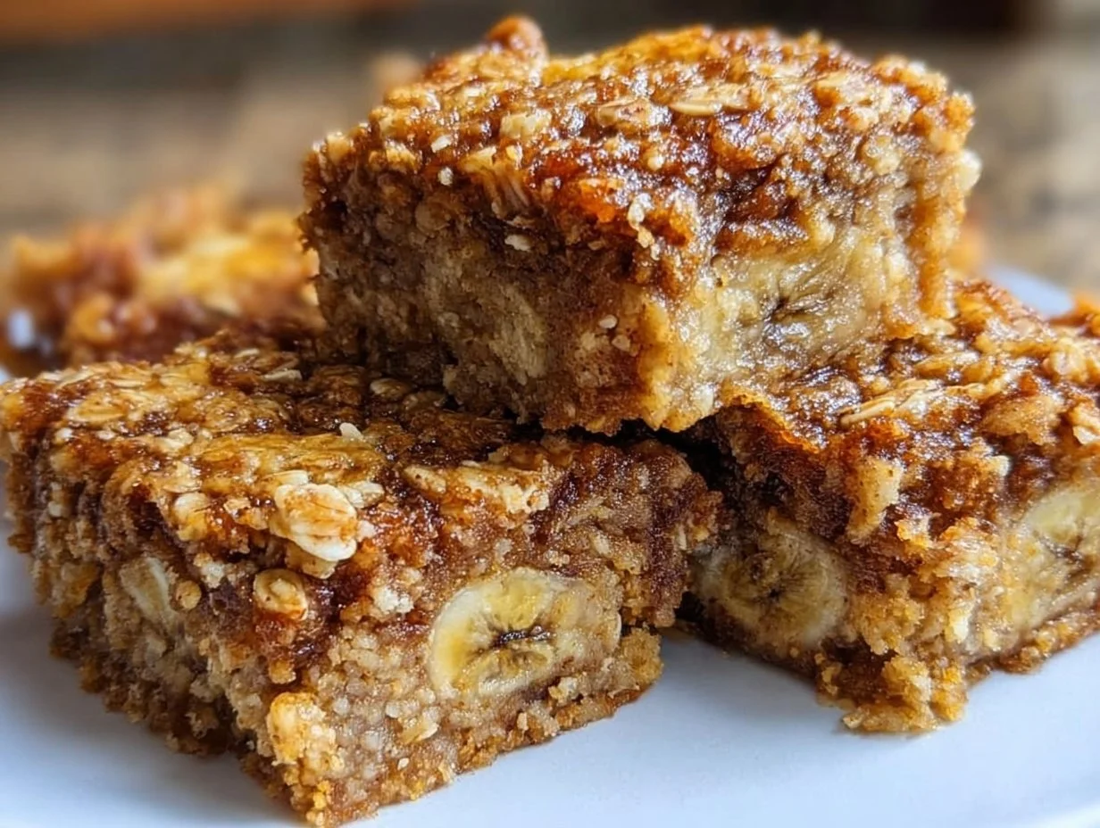 Homemade banana oatmeal bars on a plate, healthy snack option
