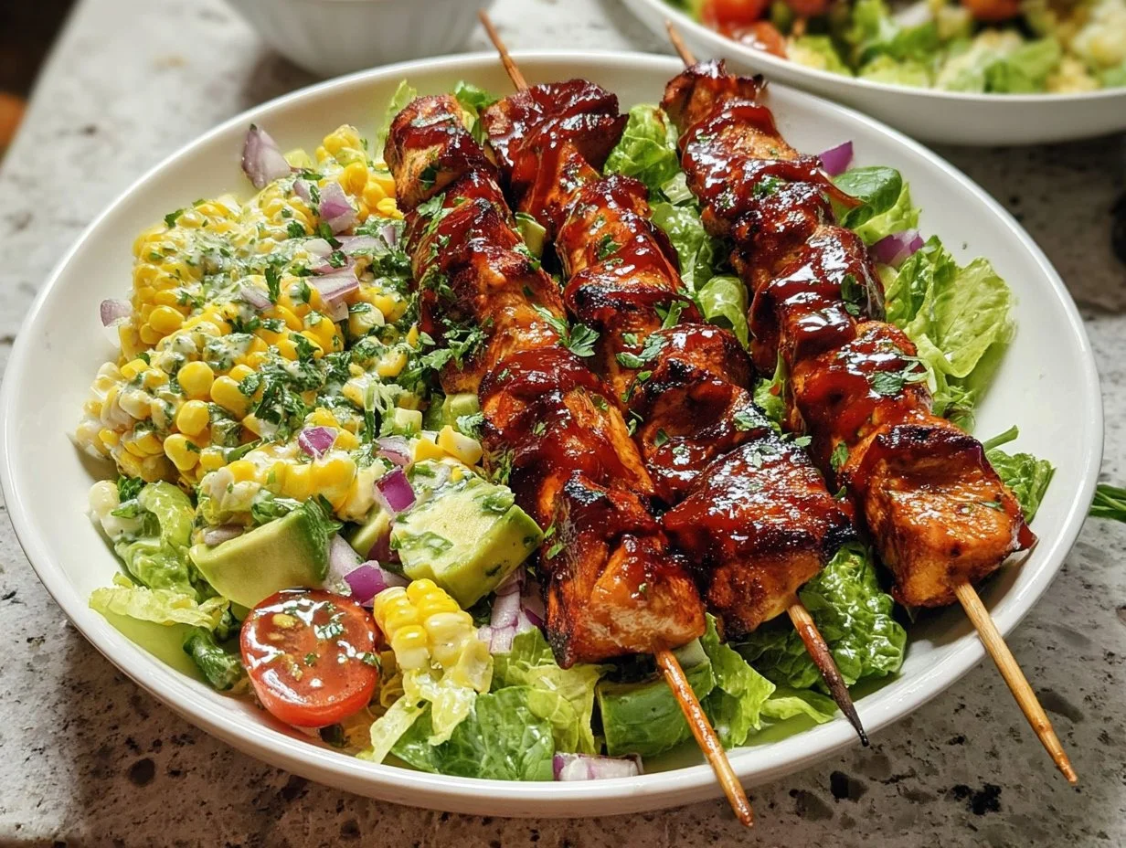 Delicious BBQ chicken skewer salad with fresh vegetables and dressing