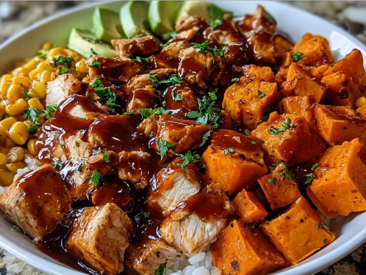 BBQ chicken sweet potato bowl topped with fresh ingredients