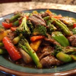 Delicious beef stir fry with colorful vegetables and rich sauce.