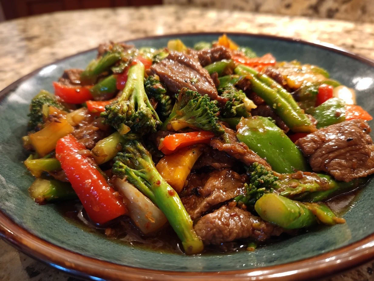 Delicious beef stir fry with colorful vegetables and rich sauce.