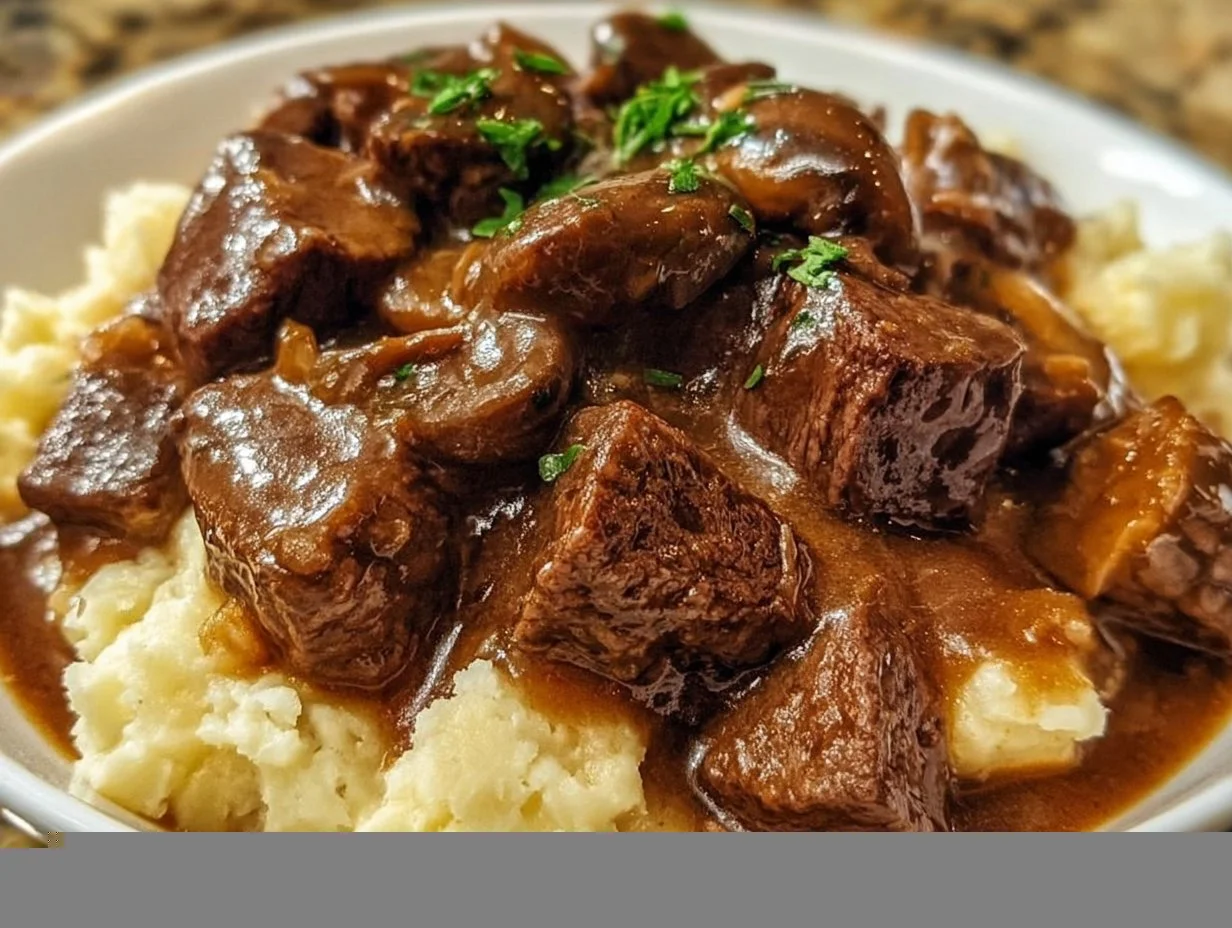 Tender beef tips simmered in rich gravy served over mashed potatoes