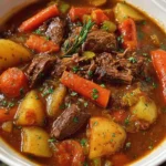 Bowl of the best ever beef stew with vegetables and herbs