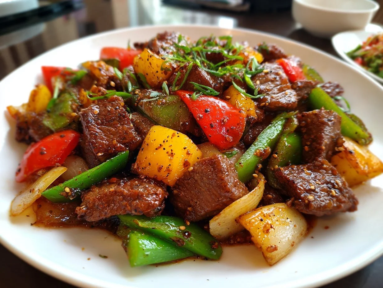 Delicious Black Pepper Beef served with vegetables and rice