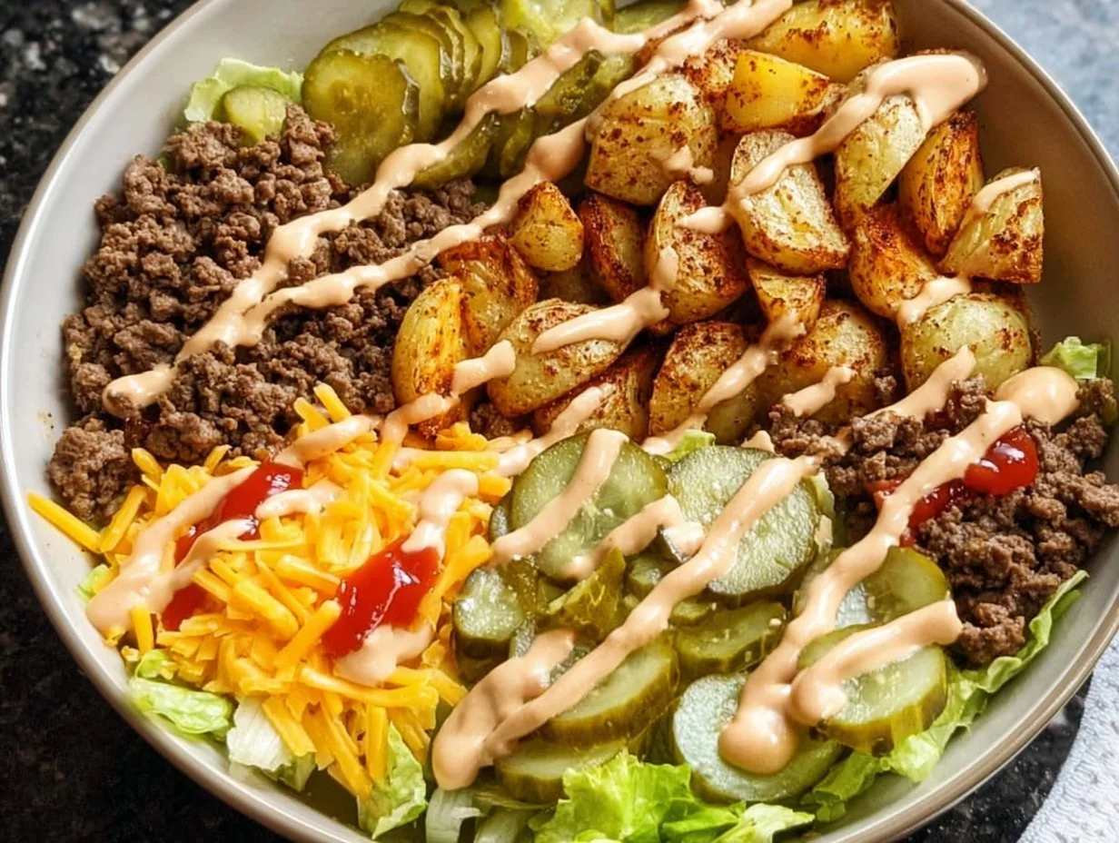 Delicious Burger Bowls with fresh toppings served in a colorful bowl
