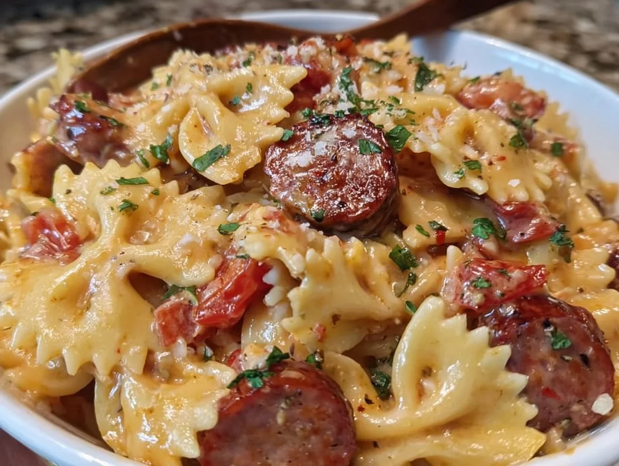 Delicious Cajun Sausage Pasta with vibrant spices and creamy sauce