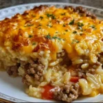 Delicious Cheesy Hamburger Rice Casserole topped with melted cheese and herbs.