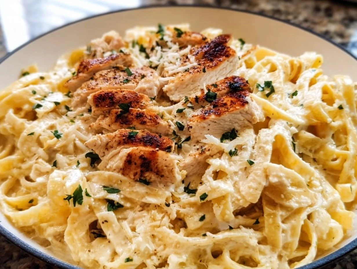 Creamy Chicken Alfredo pasta with grilled chicken slices and parsley garnish