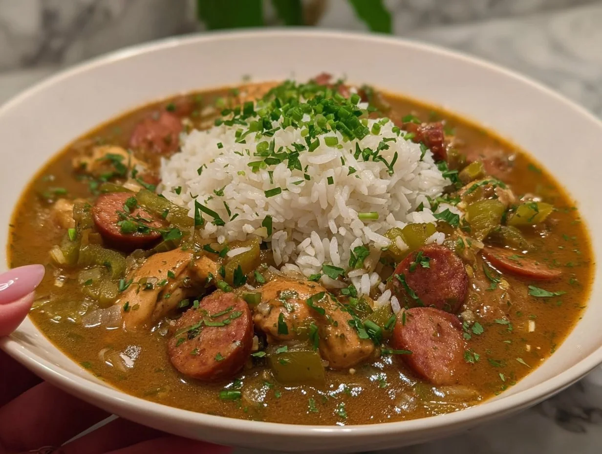 Bowl of Chicken and Sausage Gumbo with vegetables and rice