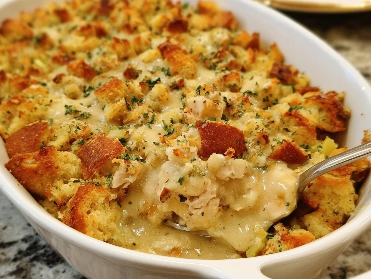 Delicious Chicken and Stuffing Bake served warm in a dish