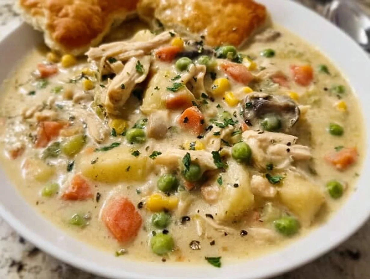 Delicious Chicken Pot Pie Soup served in a bowl with fresh herbs.