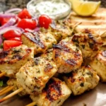 Delicious Chicken Souvlaki skewers with fresh vegetables and sauces