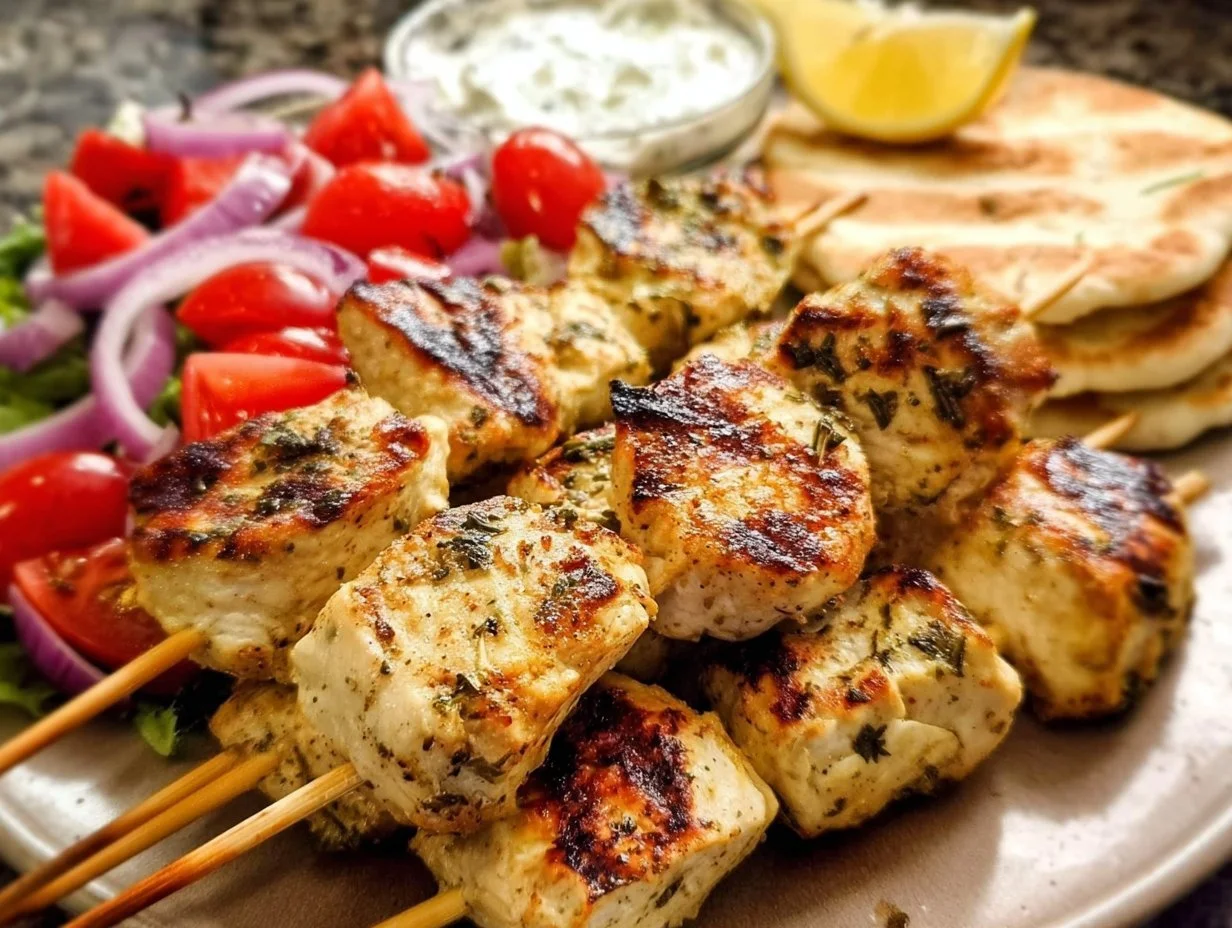 Delicious Chicken Souvlaki skewers with fresh vegetables and sauces