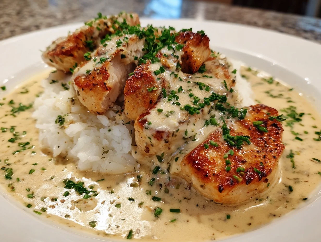 Creamy Chicken Boursin Sauce with garlic and fine herbs served on a plate