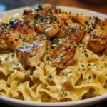 Plate of Chicken with Buttered Noodles topped with herbs.