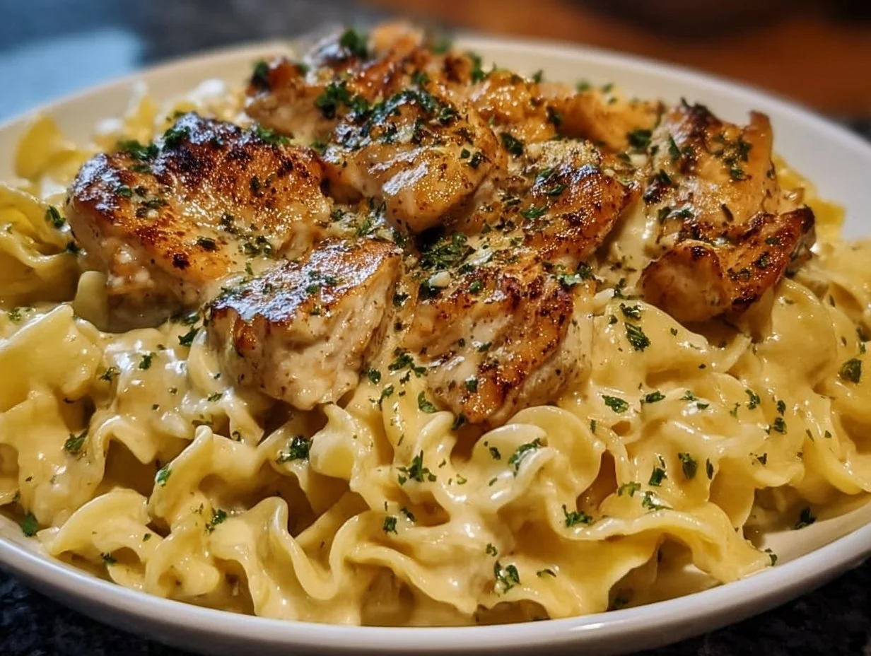 Plate of Chicken with Buttered Noodles topped with herbs.