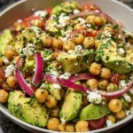 Chickpea Feta Avocado Salad served in a bowl with fresh ingredients